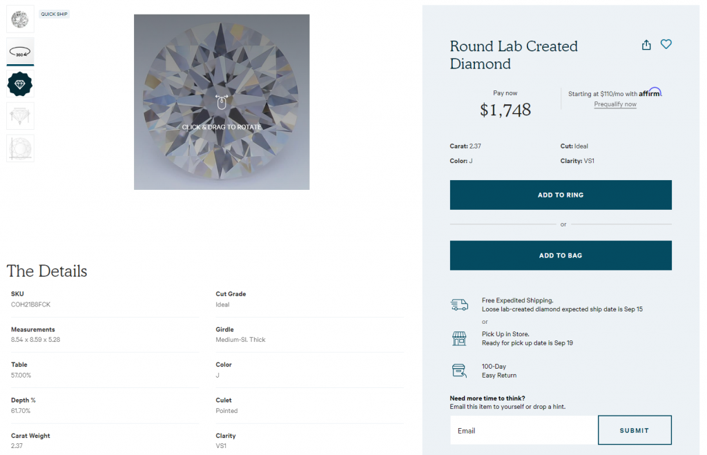 Clean Origin diamond listing from our shopping research