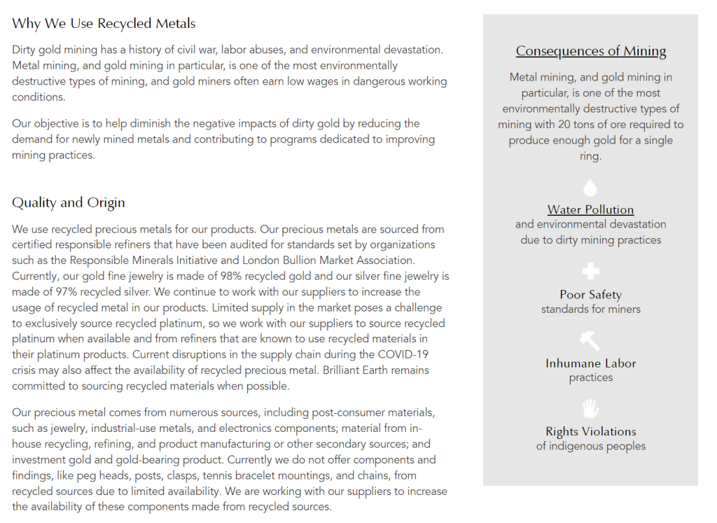 Brilliant Earth materials and sustainability information
