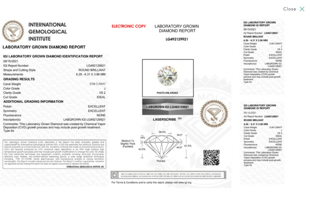A report example from our earlier research. Open the report for the actual diamond you are considering. Grading-report information shown during our original Brilliant Earth research