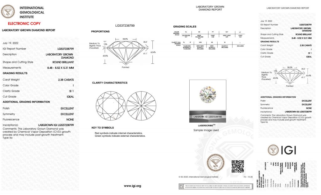 Example of an IGI laboratory-grown diamond report