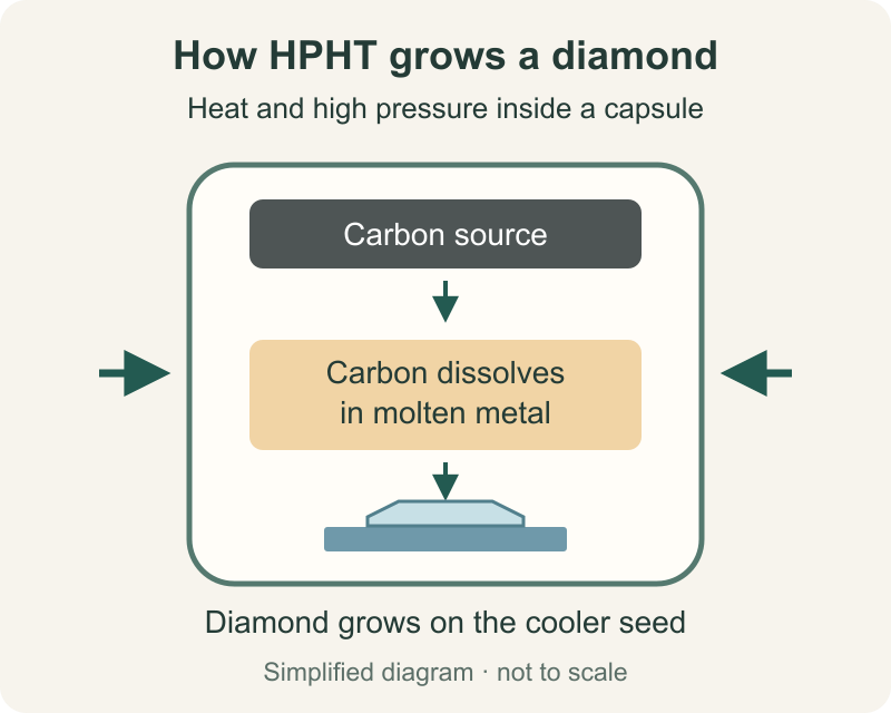 HPHT grows diamond on a seed inside a heated, high-pressure capsule. HPHT diagram showing carbon dissolving in molten metal and diamond growing on a cooler seed