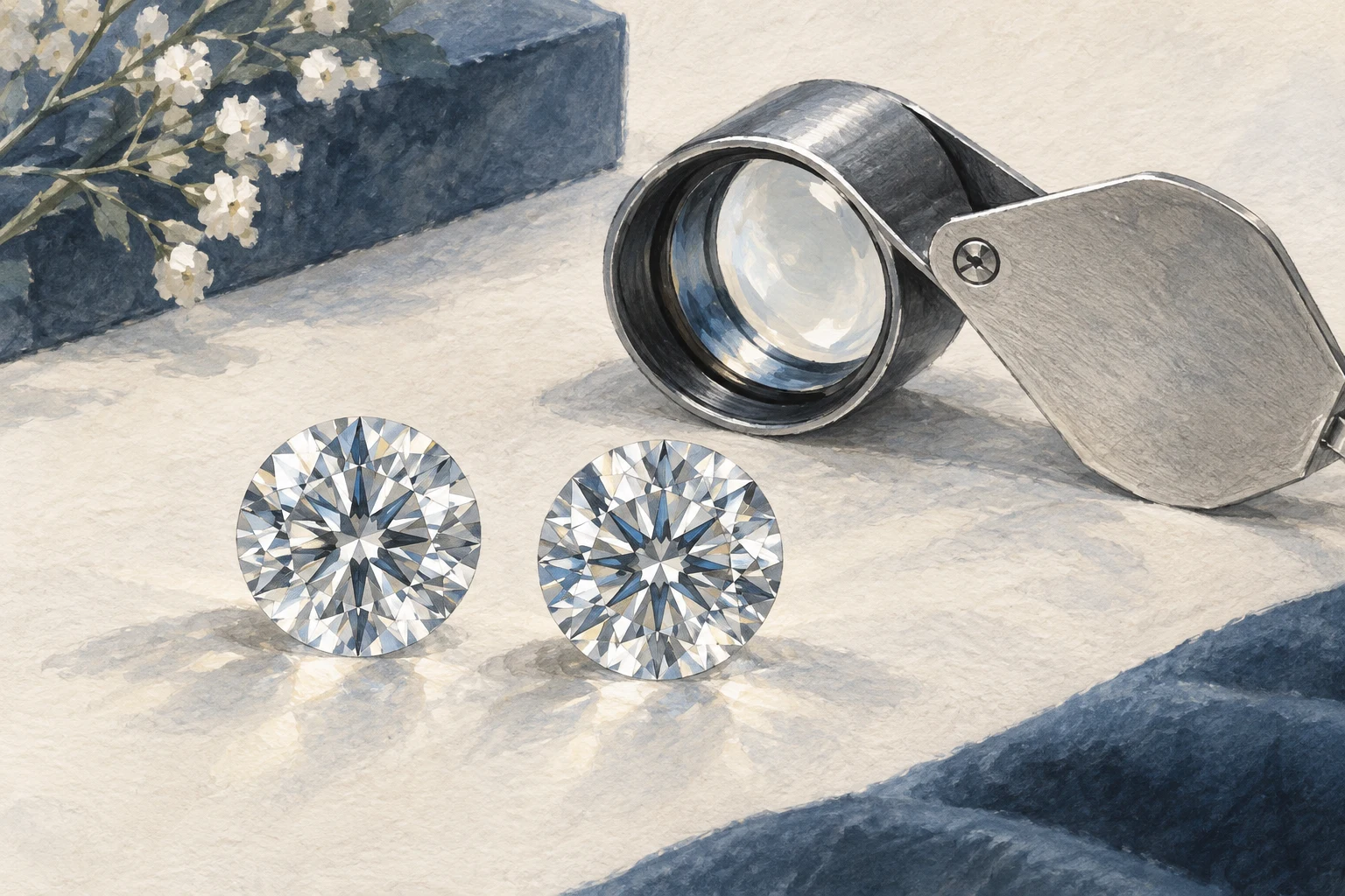 Illustration of two round diamonds beside a folding jeweler's loupe