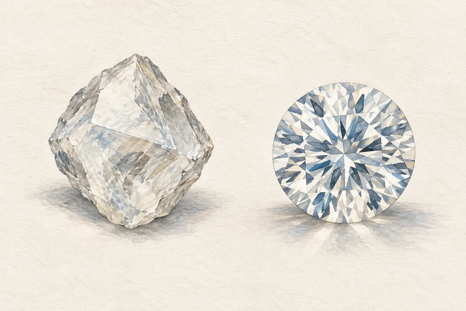 Illustration of a rough diamond crystal beside a cut and polished round diamond