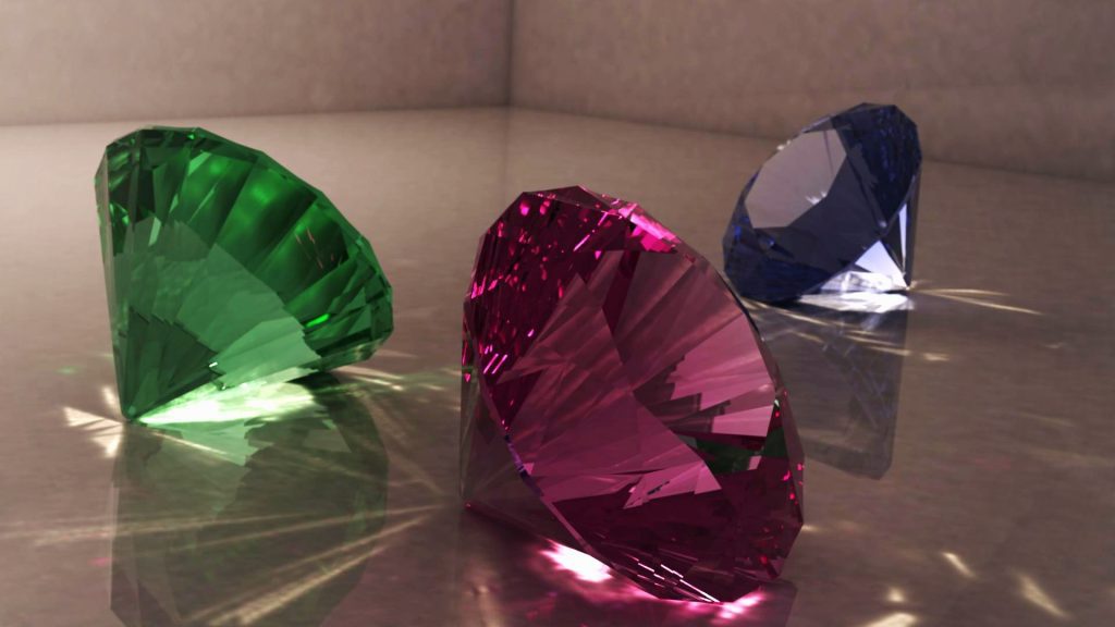 Judge the finished diamond, not just the name of its growth process. Illustration of green, pink and blue faceted stones