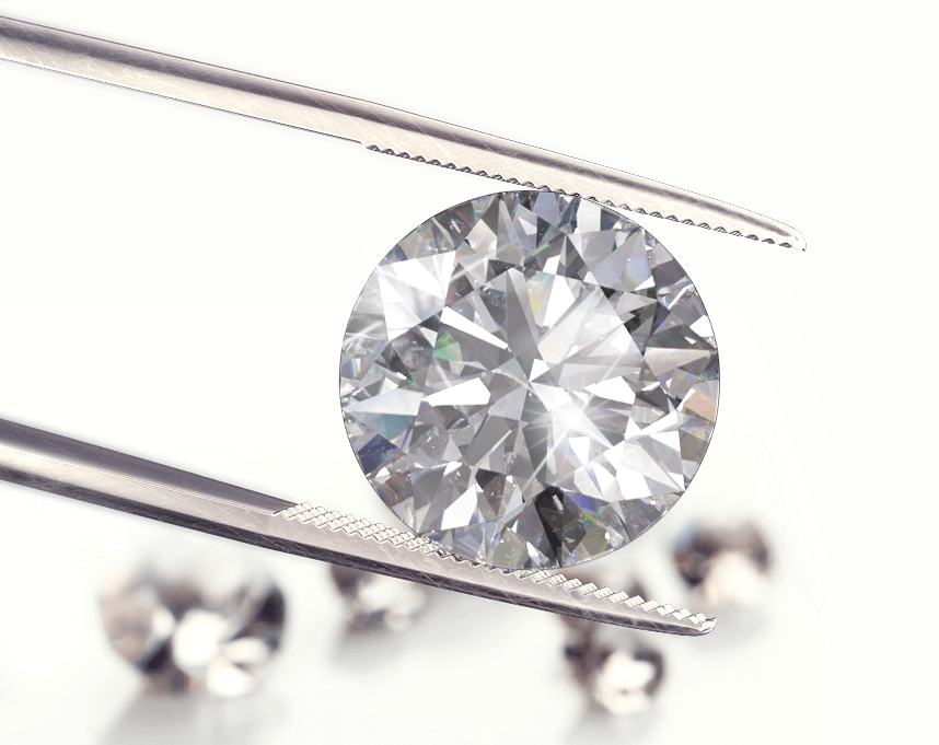 Round colorless stone held in gemological tweezers