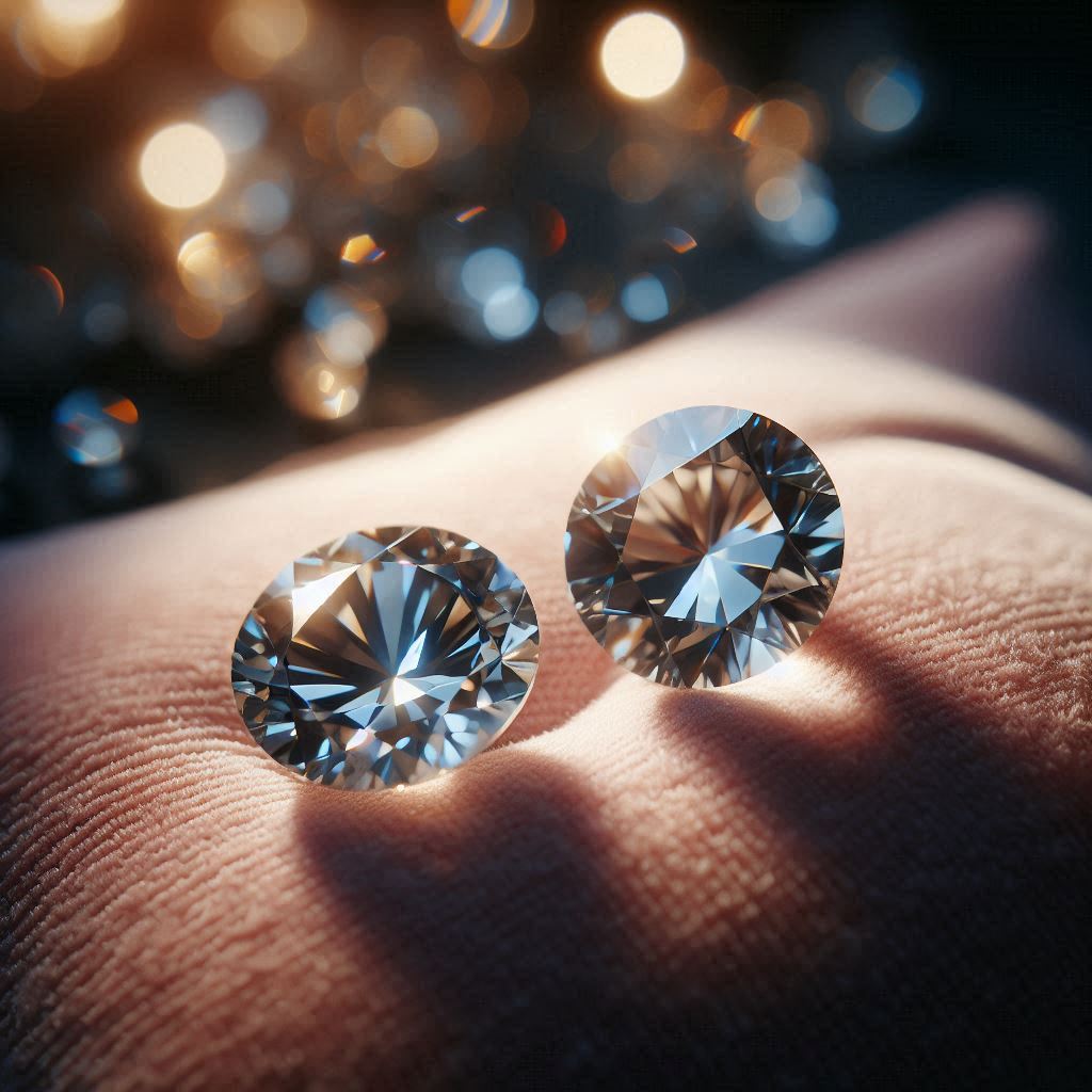 Illustration of two faceted colorless stones on pale fabric