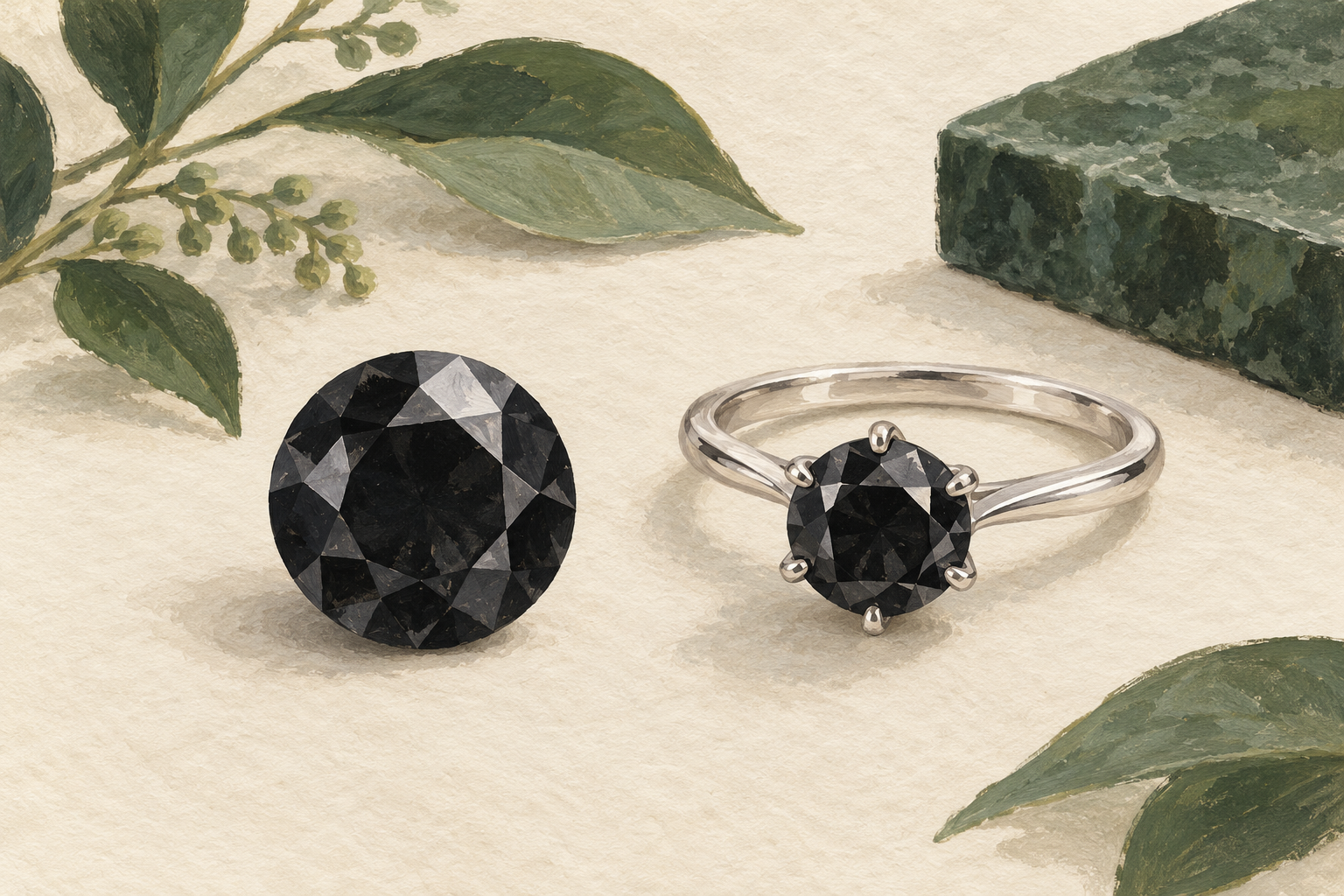 Illustration of a faceted black gemstone beside a white-metal solitaire ring