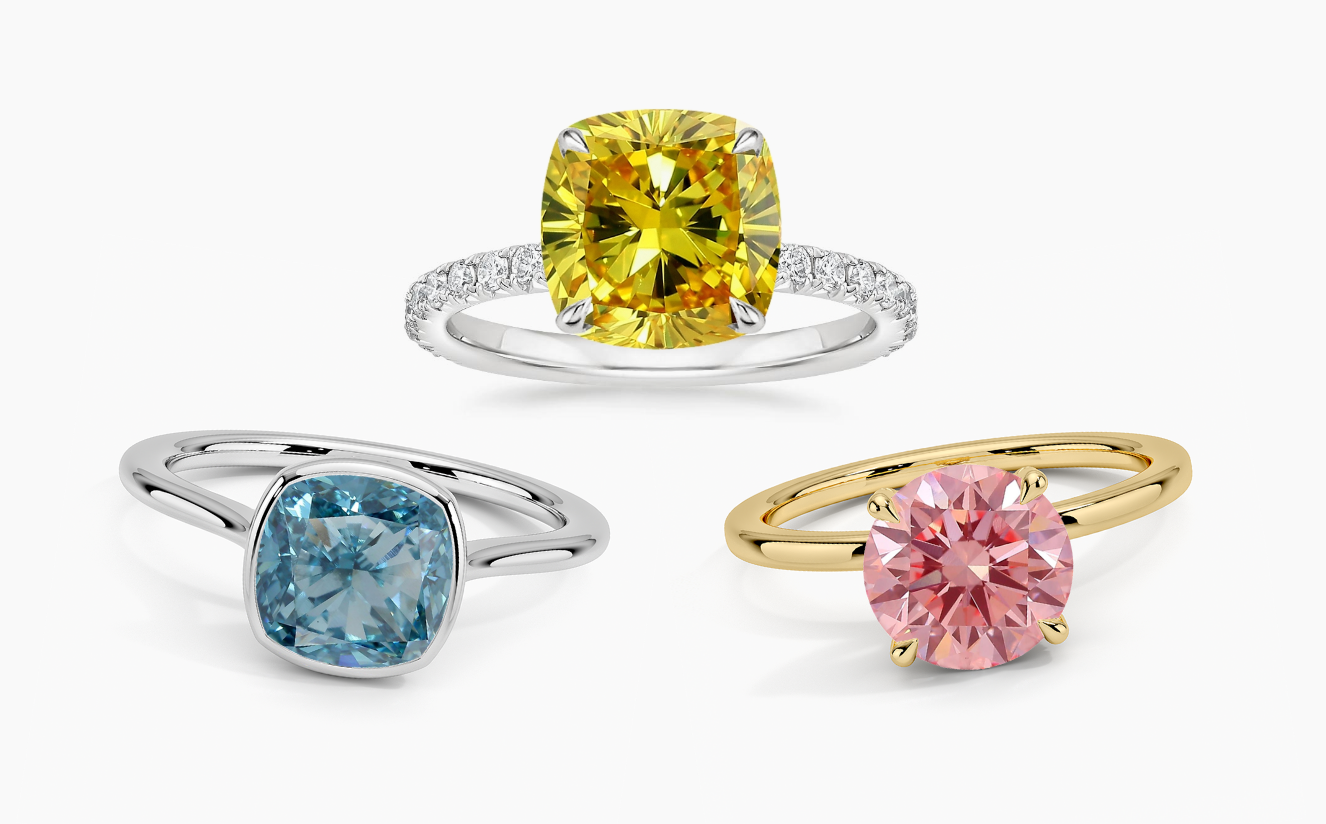 Collection of colored lab-grown diamond engagement rings