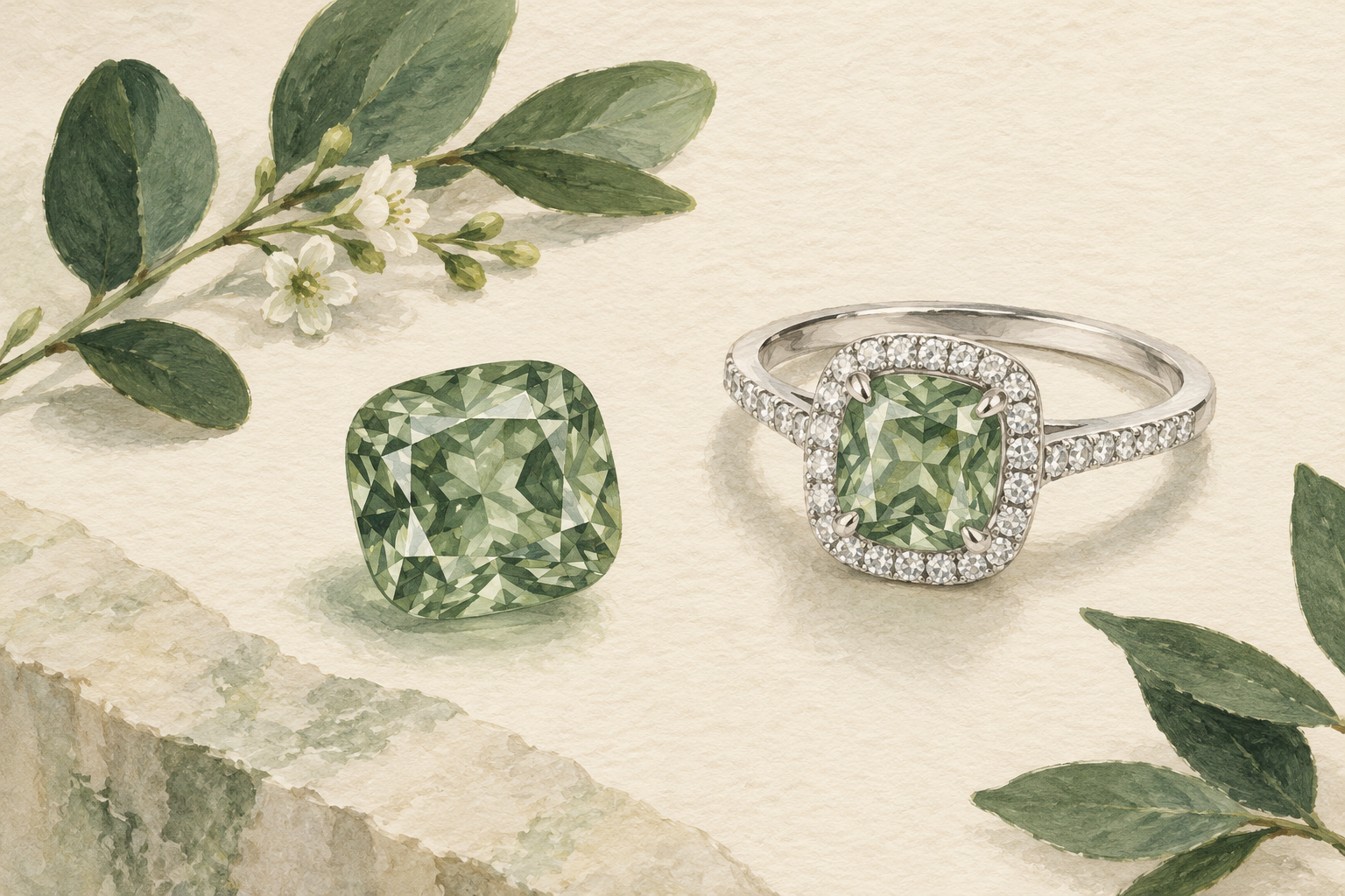 Illustration of a green cushion-cut gemstone and a white-metal halo ring