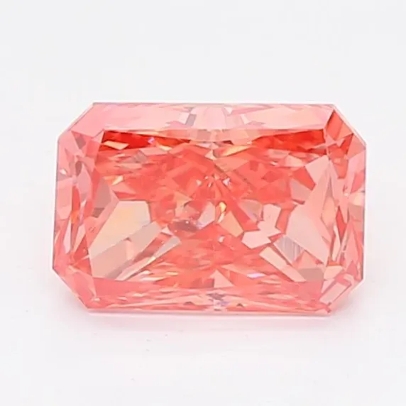 Radiant-cut lab-grown diamond with a peachy-pink appearance