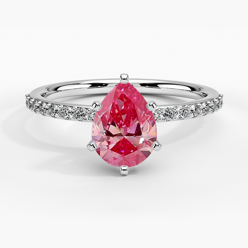 Pinkish-red pear-shaped lab-grown diamond ring in white metal