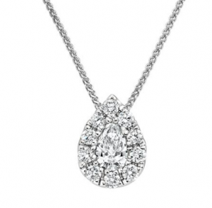Pear-shaped diamond pendant inside a small diamond halo on a white-metal chain