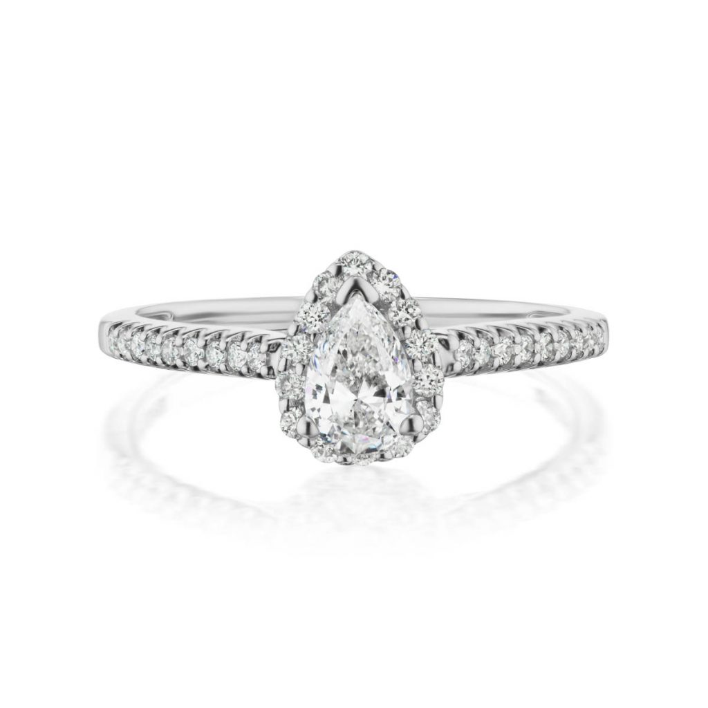 Pear-shaped diamond ring with a pavé halo and diamond-set white-metal band
