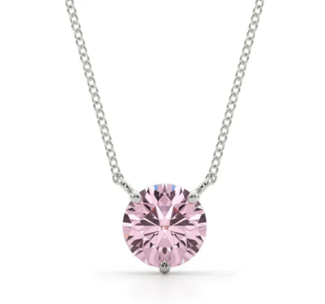 Round pink diamond held by three white-metal prongs on a chain