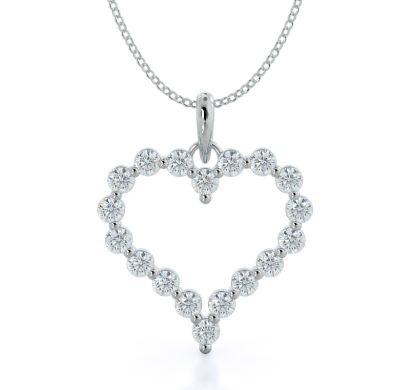Open heart-shaped pendant made from round diamonds on a white-metal chain