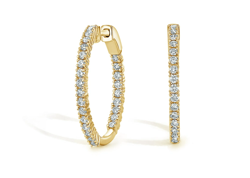 Yellow-gold hinged hoop earrings with round diamonds along the outer front edge