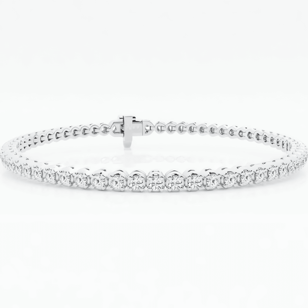 White-metal tennis bracelet with a continuous row of round diamonds and a box clasp