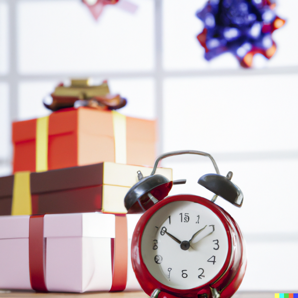 Illustration of a red alarm clock beside wrapped gifts