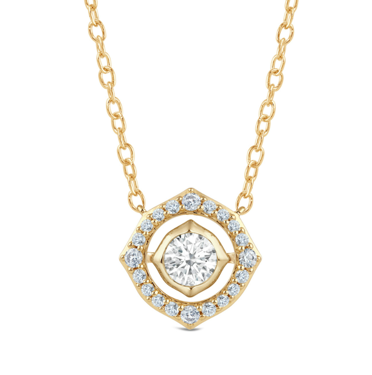 Yellow-gold geometric halo pendant with a round center diamond on a cable chain