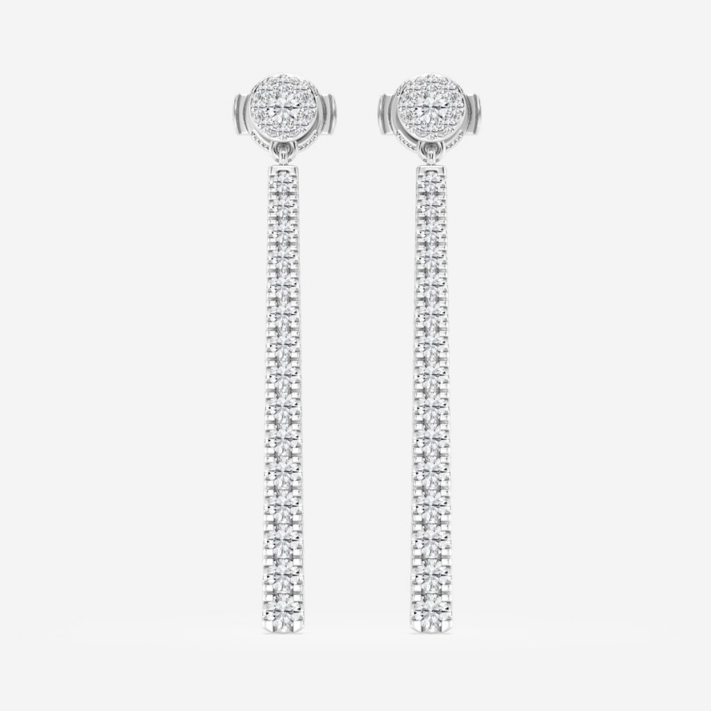 Long diamond-set bar earrings hanging beneath round diamond clusters