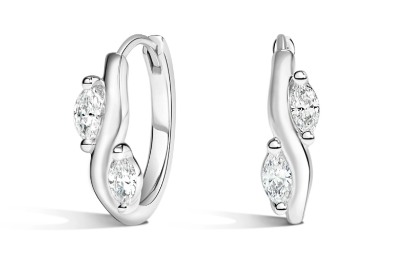 Small white-metal hoops with two marquise diamonds on each front edge