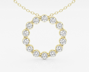 Open circle of fourteen round diamonds in yellow-gold settings on a fine chain