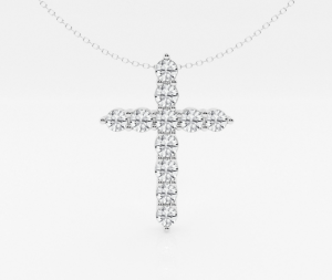 Cross pendant with eleven large round diamonds on a fine white-metal chain