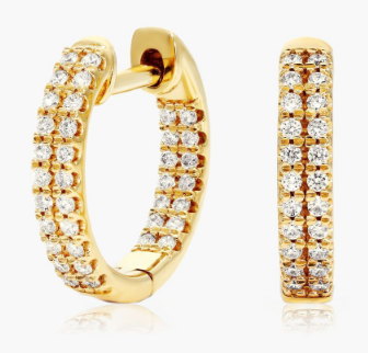 Small yellow-gold hoop earrings with two rows of diamonds along the front and inner edge
