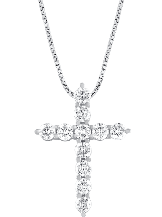 Cross pendant made from eleven round diamonds on a white-metal box chain