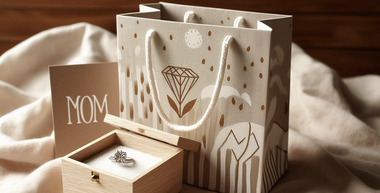 Gift bag with a diamond illustration beside a Mom card and a jewelry box