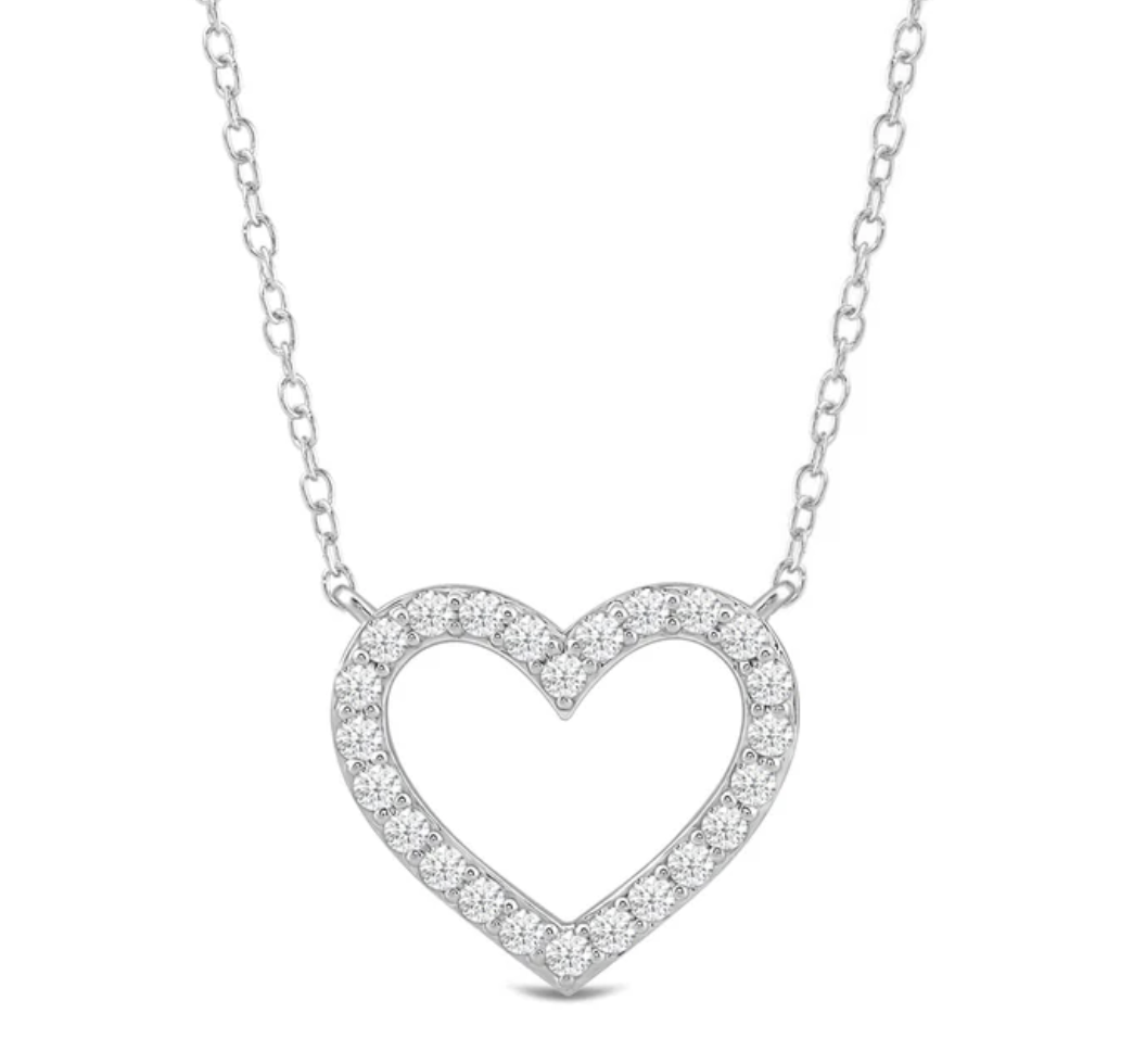Open heart pendant outlined with small round diamonds on a white-metal chain