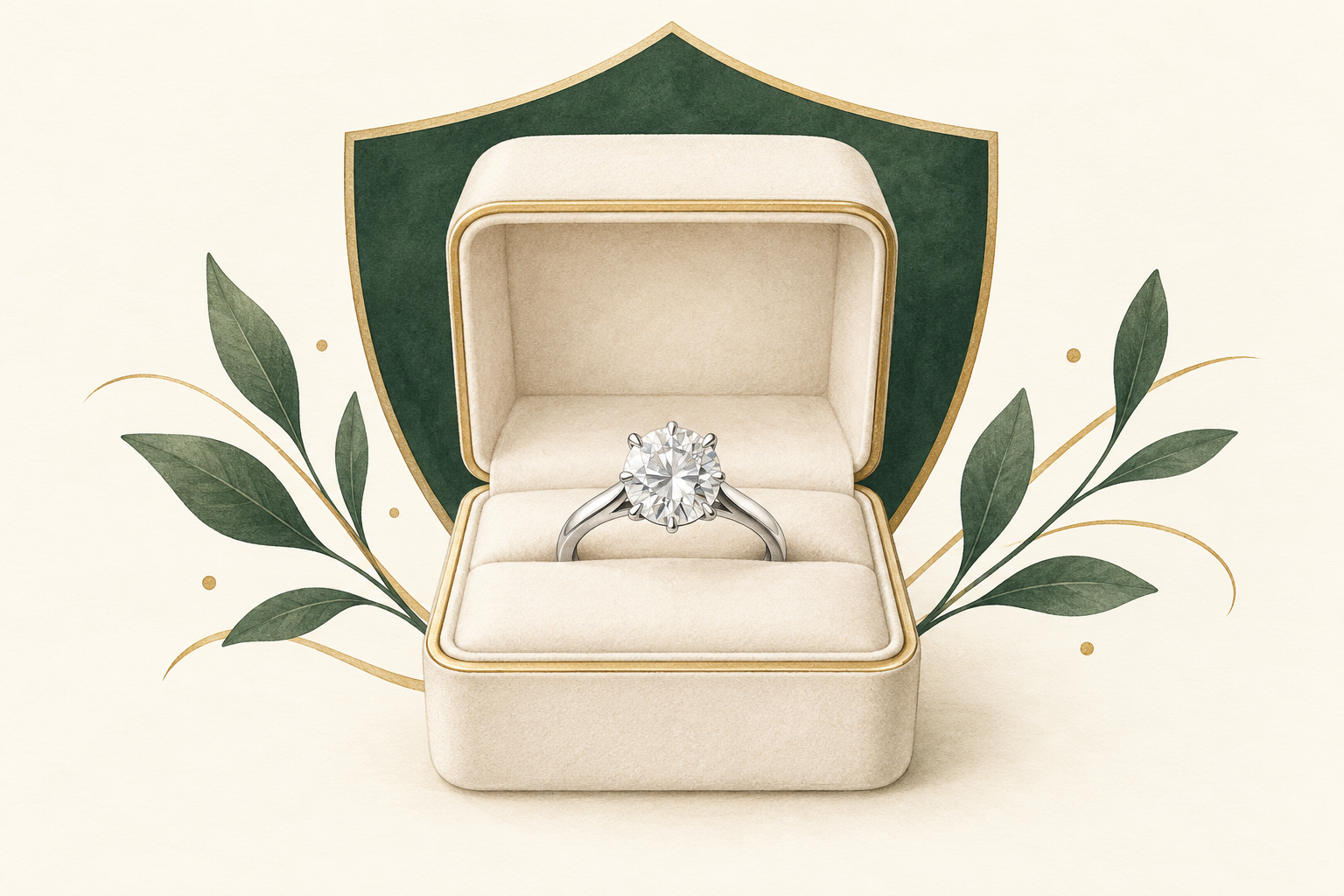 Illustration of a solitaire ring in an ivory box with a green protective shield