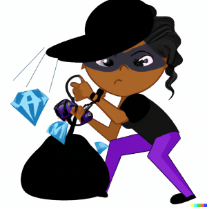 Illustration of a thief carrying stolen jewelry