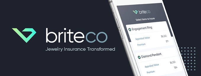 BriteCo promotional image showing its logo and a jewelry insurance interface on a phone
