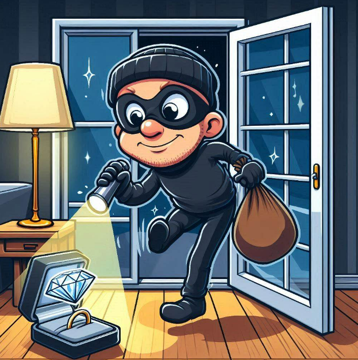 Illustration of a thief approaching a diamond ring through an open window
