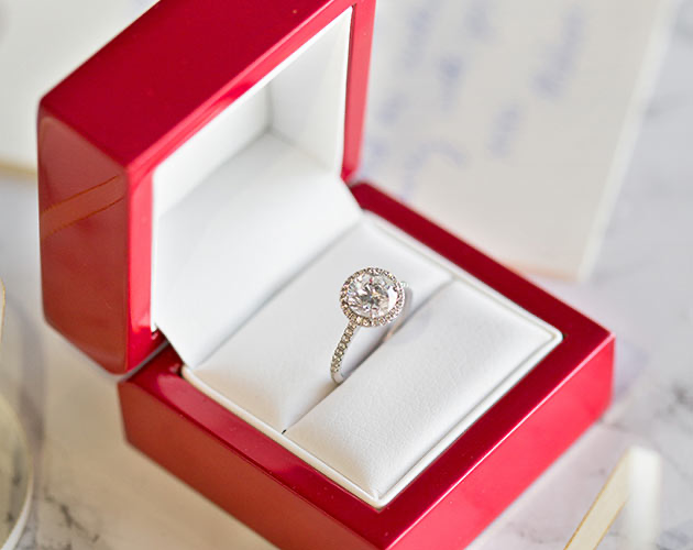 A lab-grown diamond halo ring shown in the guide. Lab-grown diamond halo engagement ring shown in the original James Allen guide