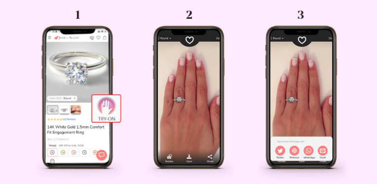 The virtual try-on feature on the former James Allen website. James Allen virtual engagement-ring try-on from the guide
