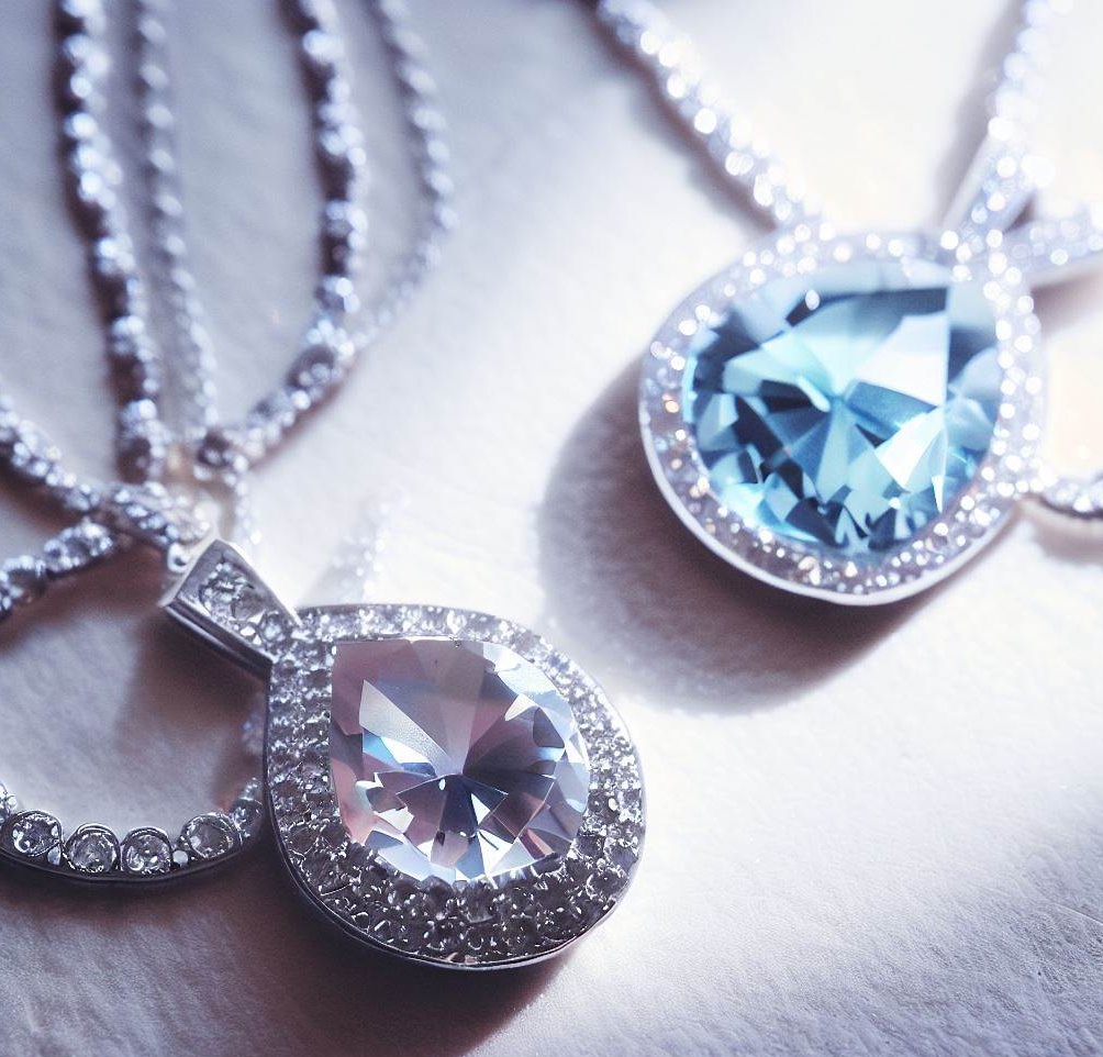Two diamond halo pendants on fine chains