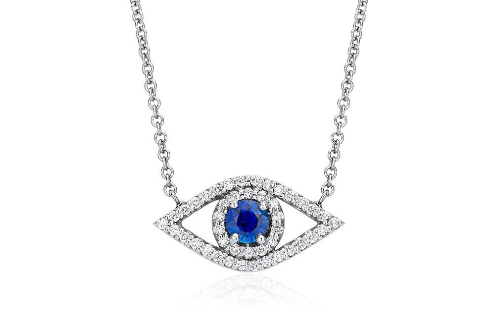 Diamond and blue sapphire evil eye pendant