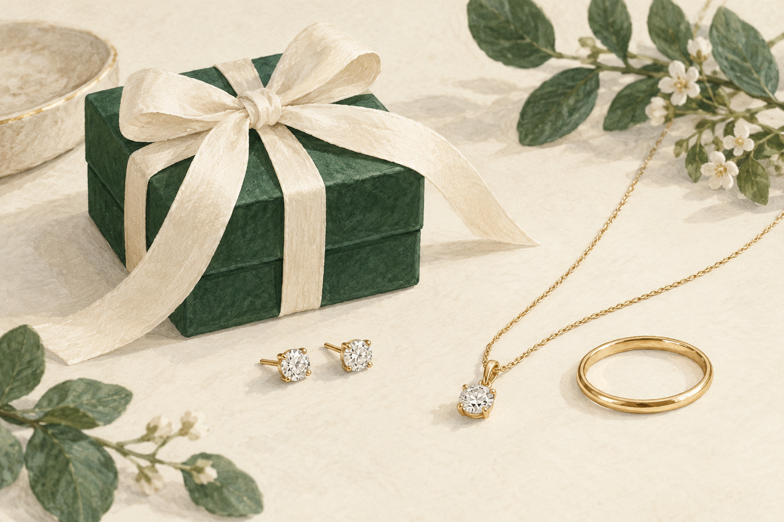 Illustration of a green jewelry gift box, diamond studs, a pendant and a slim gold band
