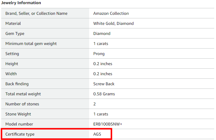 An Amazon listing advertising a grading document for a lab-grown diamond.