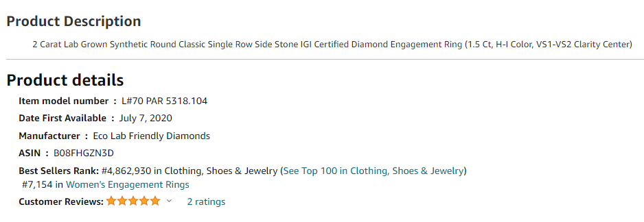 When buying lab-grown diamonds on Amazon, color and clarity are sometimes mentioned, but this seller is not listing the cut grade here or anywhere else on the listing.