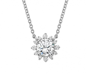 Round center diamond surrounded by a floral white-metal pendant setting