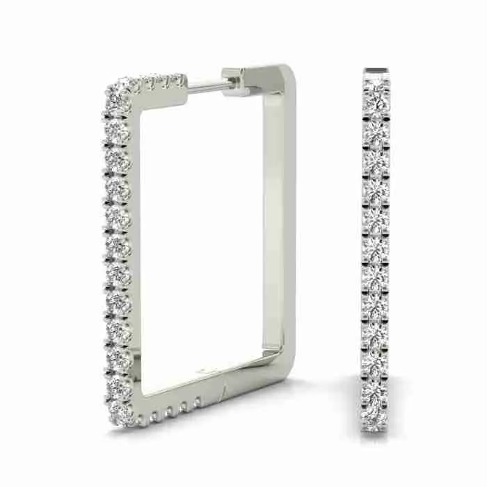 Rectangular white-gold hoop earrings with small diamonds along the front edge