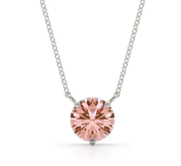 Round pink diamond solitaire pendant held by three white-metal prongs