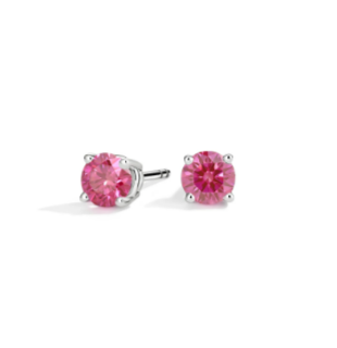 Pair of round pink diamond studs in white-metal prong settings