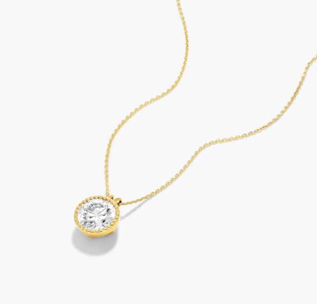 Milgrain bezel-set lab-grown diamond pendant from the James Allen jewelry collection now carried by Blue Nile
