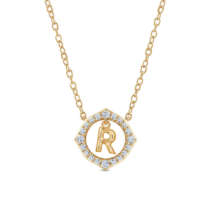 Yellow-gold R initial inside a diamond-set circular pendant