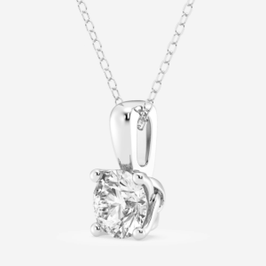 Round diamond in a white-metal floral basket beneath a polished pendant bail
