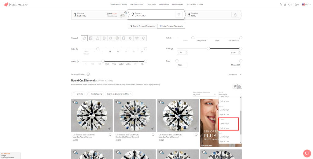 Loose lab-grown diamond clarity filters in the James Allen collection